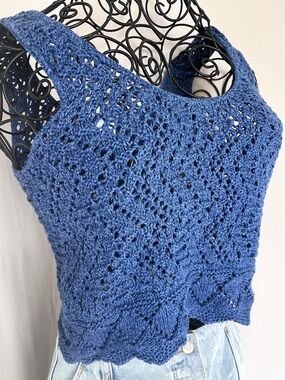 Crochet Knit Cotton Tank Top Blue Boho Summer Cropped Sleeveless USA Made